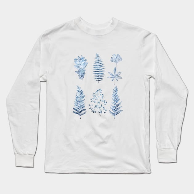 blue leaves collection watercolor Long Sleeve T-Shirt by colorandcolor